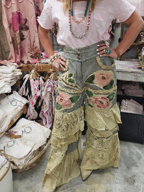 A Rare Bird Pants - A rare Bird Floral Patchwork ruffle Lace Striped Stretchy Waist Pants